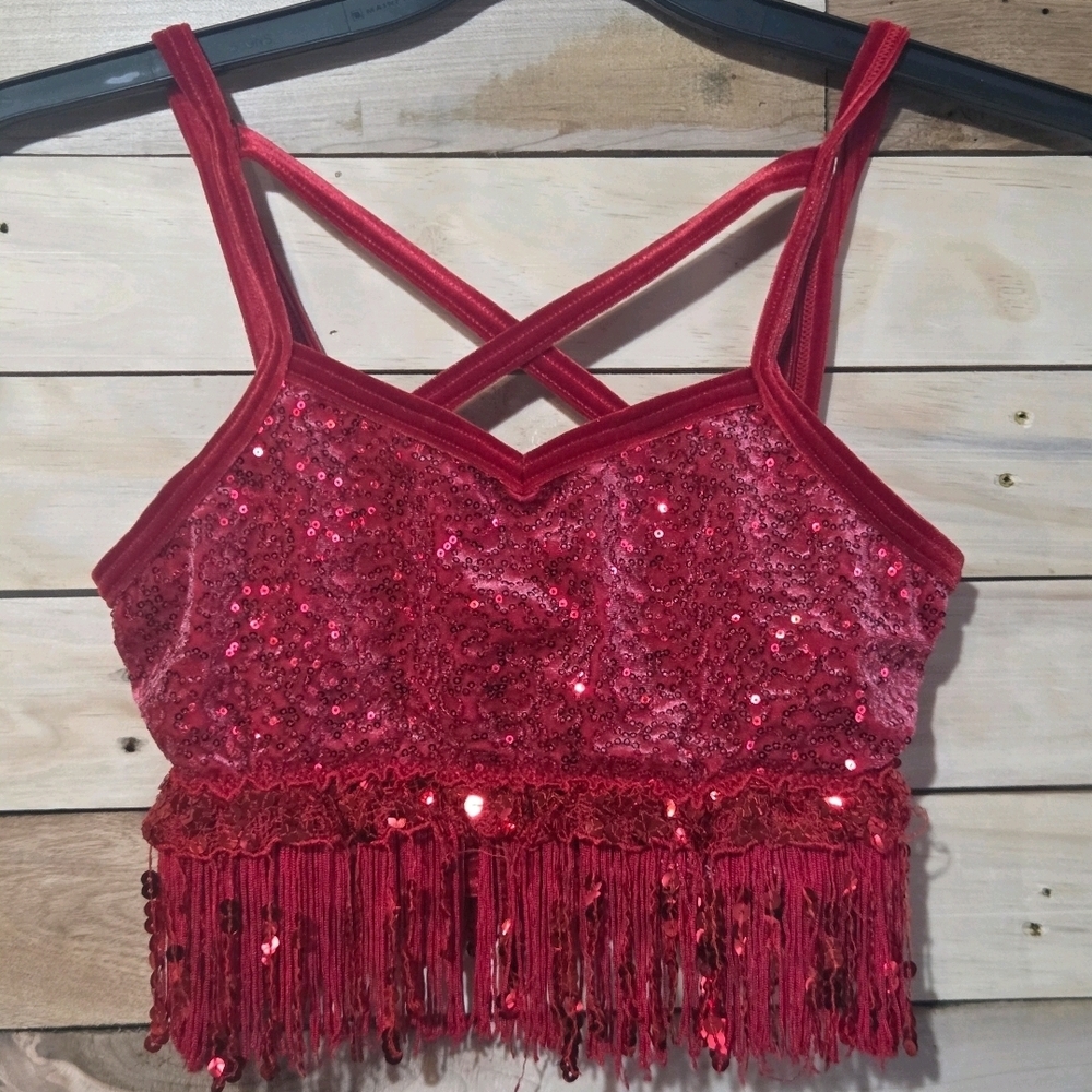 Sequin Fringe Red Dance Costume Festival Crop Top